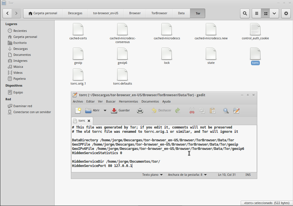 El archivo <code>torrc</code> configurado para ofrecer un servicio oculto