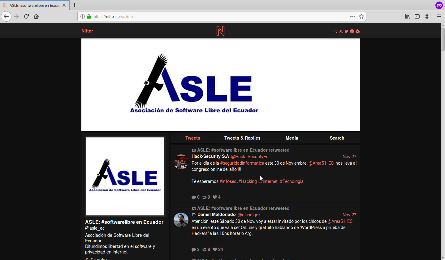 Twitter account seen with Nitter